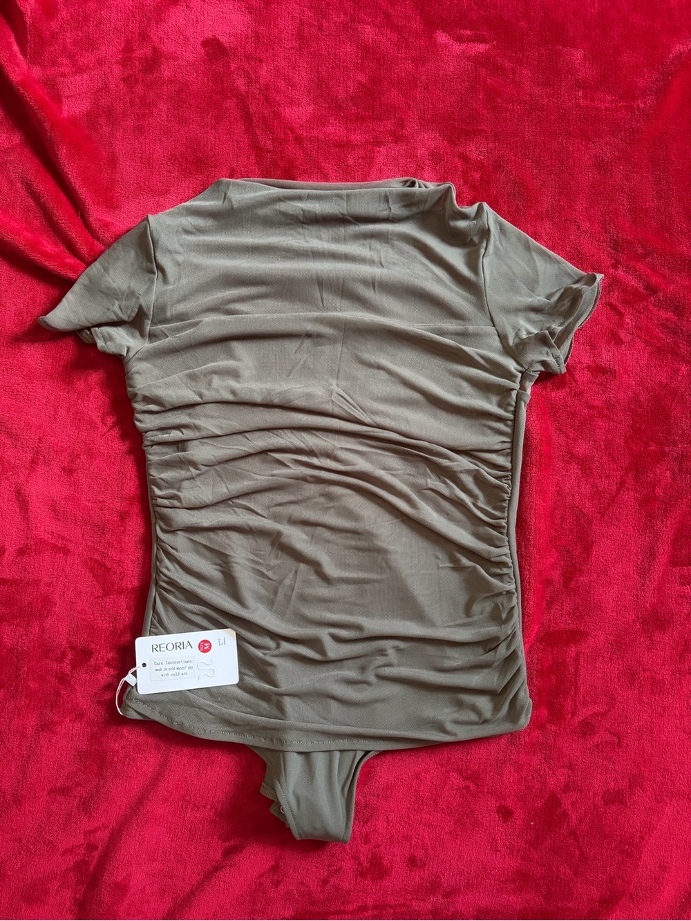 Reoria Sage Green Ruched Mesh Short Sleeve Bodysuit: Size M